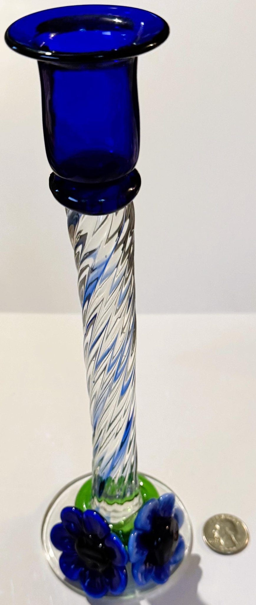 Stunning Blue Art Glass Candlesticks with Twisted Stems and Flowers - Che Cose Belle