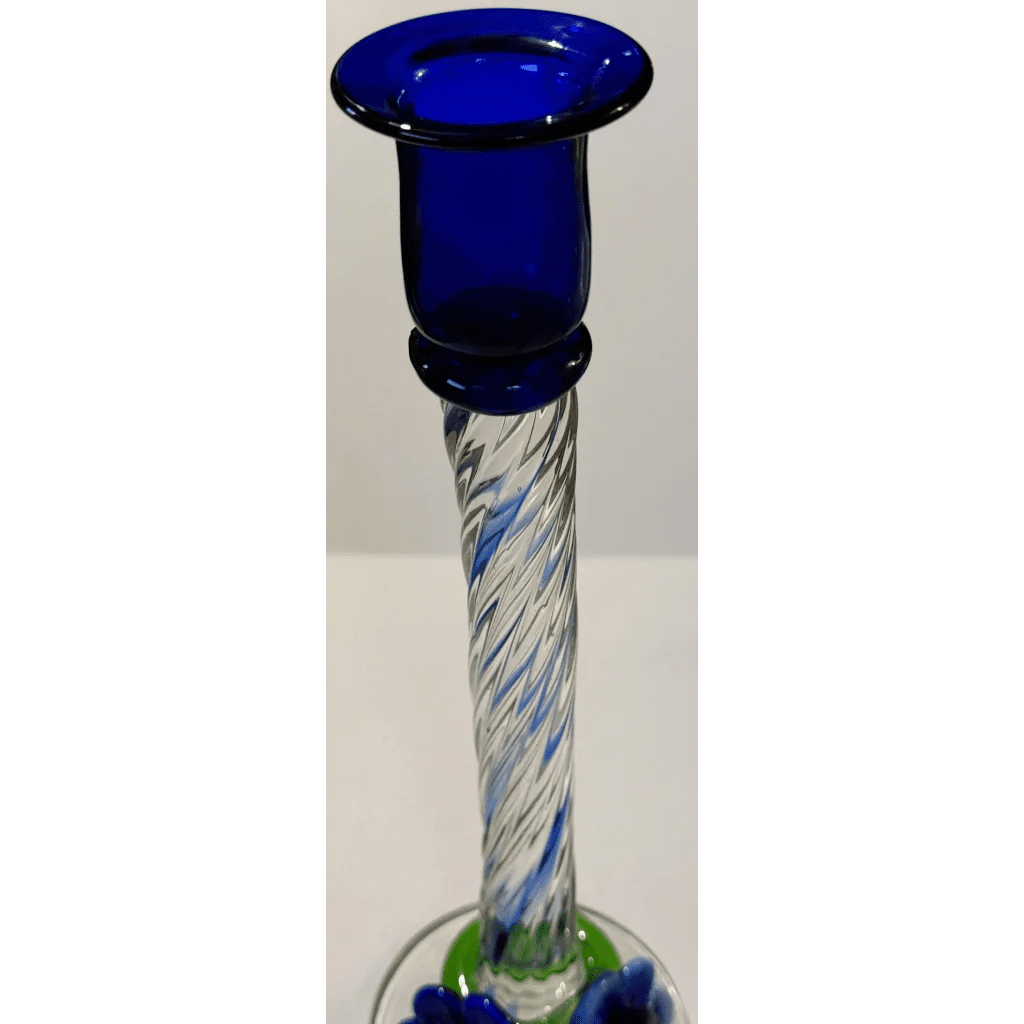 Stunning Blue Art Glass Candlesticks with Twisted Stems and Flowers - Che Cose Belle
