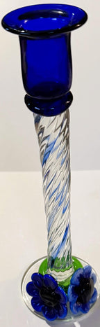 Stunning Blue Art Glass Candlesticks with Twisted Stems and Flowers - Che Cose Belle