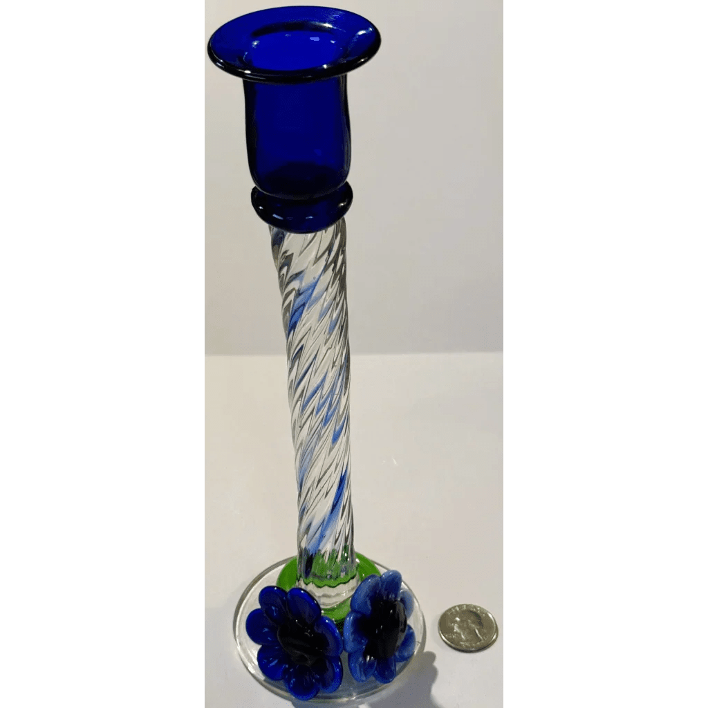 Stunning Blue Art Glass Candlesticks with Twisted Stems and Flowers - Che Cose Belle