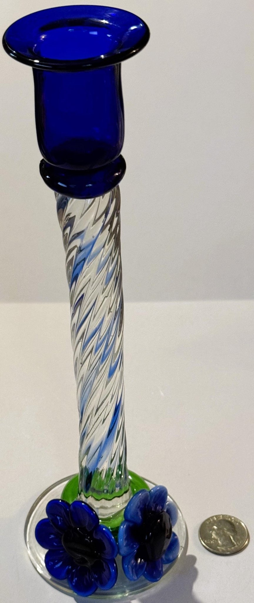 Stunning Blue Art Glass Candlesticks with Twisted Stems and Flowers - Che Cose Belle
