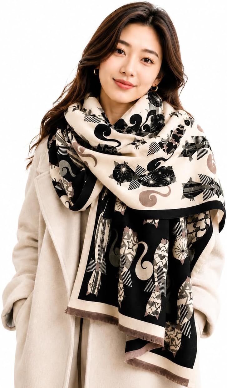 stylesilove Women's Cat Print Shawl Wrap, Soft Reversible Acrylic Scarf, Oversized Winter Poncho Cape for Travel & Gifts - Che Cose Belle