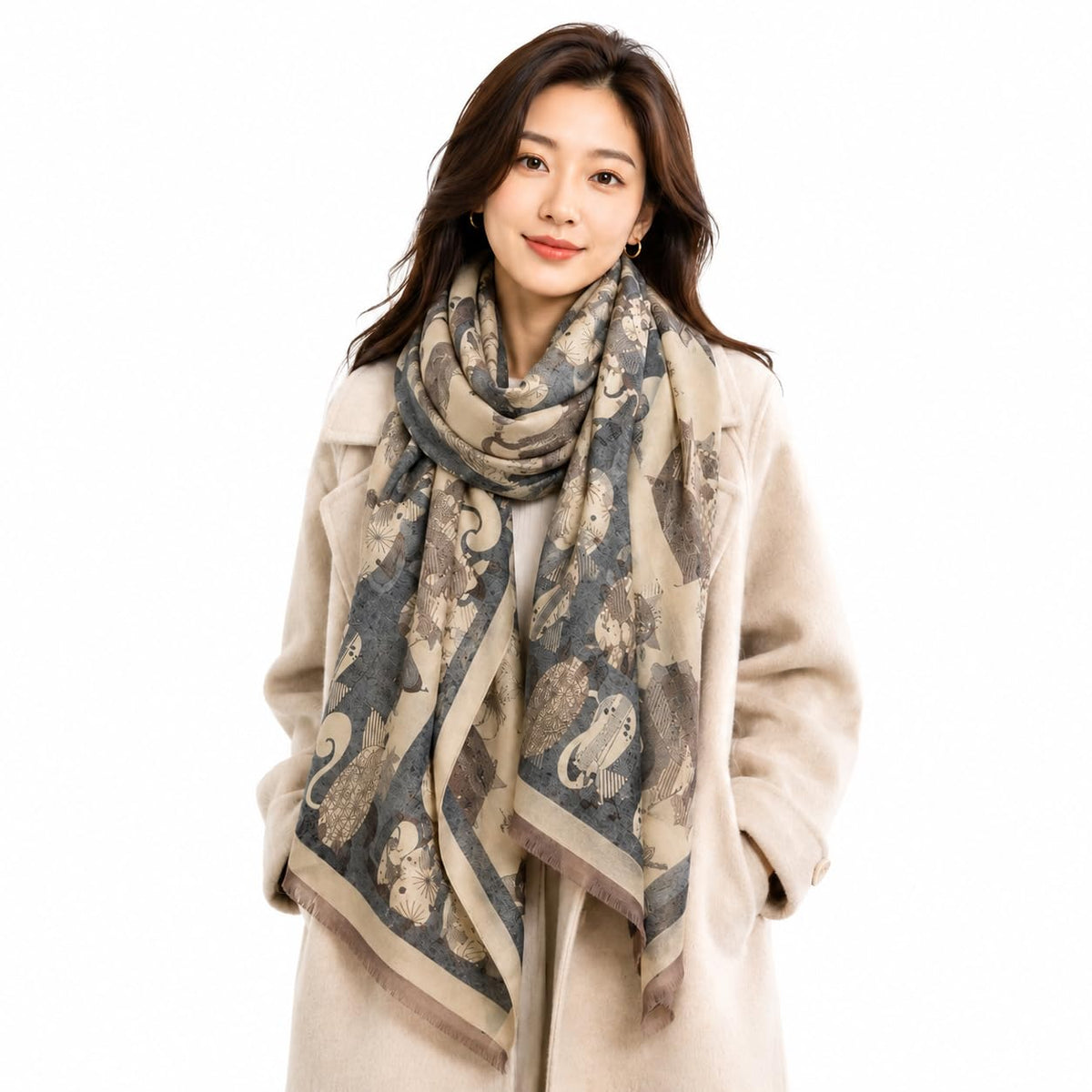 stylesilove Women's Cat Print Shawl Wrap, Soft Reversible Acrylic Scarf, Oversized Winter Poncho Cape for Travel & Gifts - Che Cose Belle