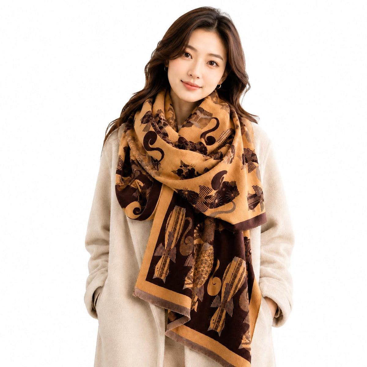 stylesilove Women's Cat Print Shawl Wrap, Soft Reversible Acrylic Scarf, Oversized Winter Poncho Cape for Travel & Gifts - Che Cose Belle