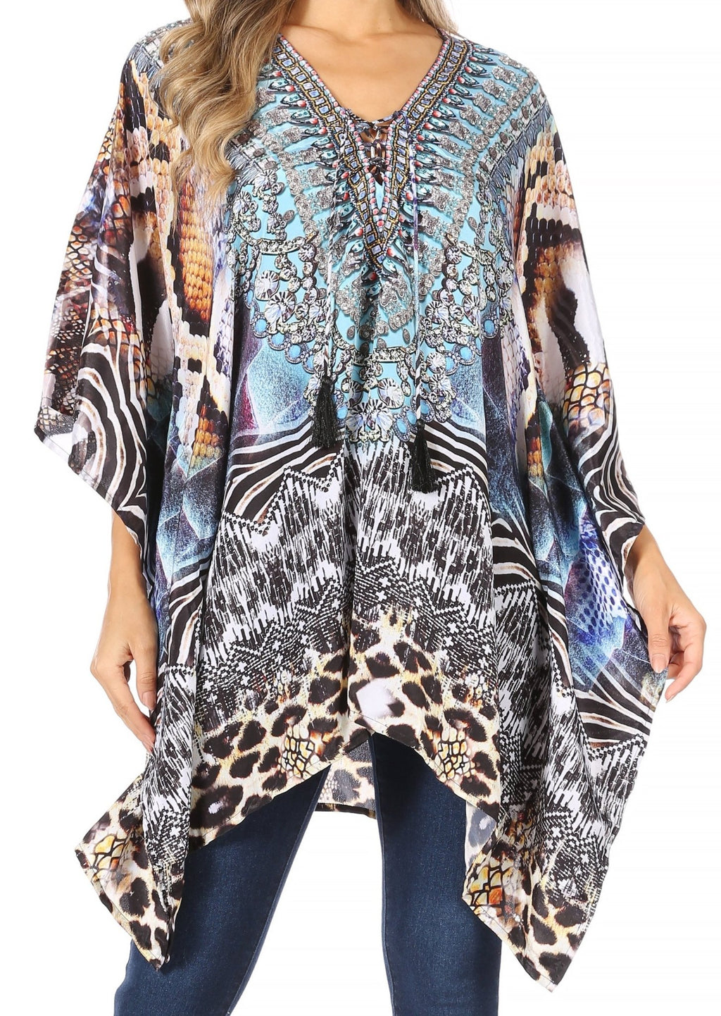 Stylish Rhinestone Lace-Up V-Neck Women's Caftan Poncho Cover-Up by Sakkas Aymee - Che Cose Belle