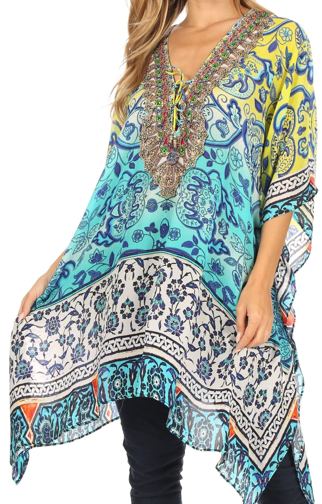 Stylish Rhinestone Lace-Up V-Neck Women's Caftan Poncho Cover-Up by Sakkas Aymee - Che Cose Belle