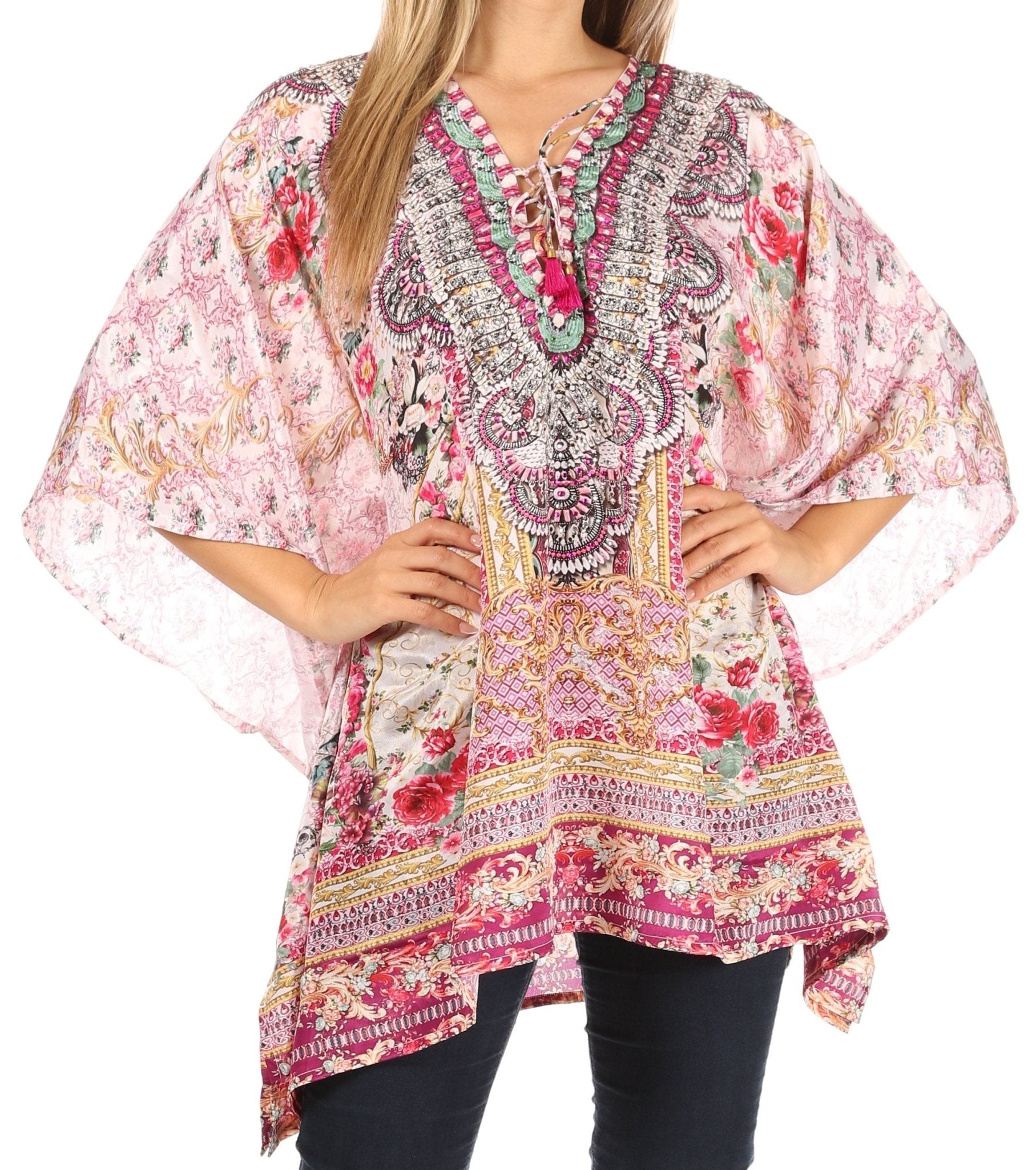 Stylish Rhinestone Lace-Up V-Neck Women's Caftan Poncho Cover-Up by Sakkas Aymee - Che Cose Belle
