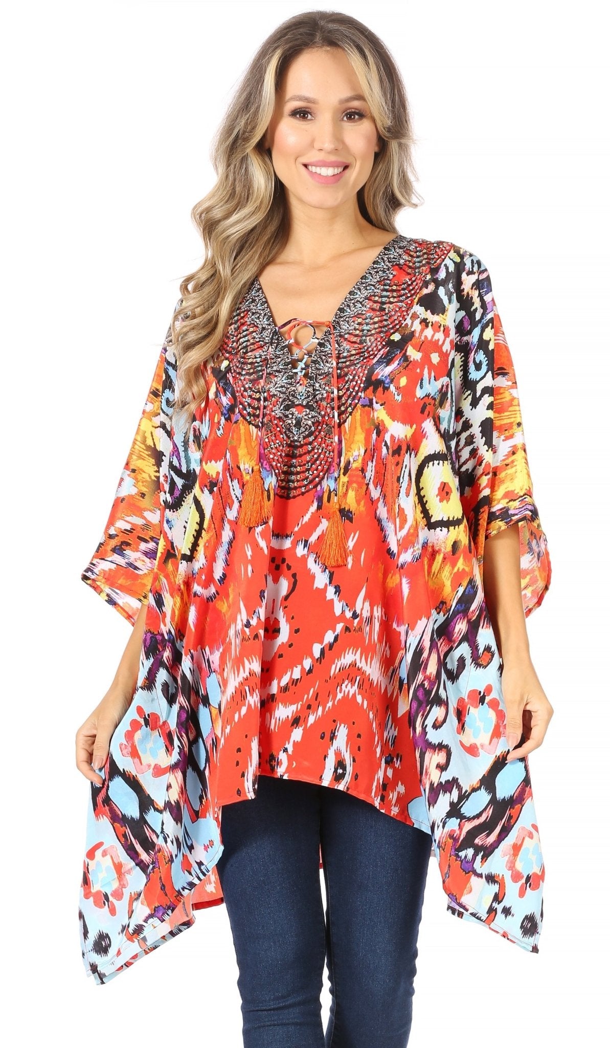 Stylish Rhinestone Lace-Up V-Neck Women's Caftan Poncho Cover-Up by Sakkas Aymee - Che Cose Belle