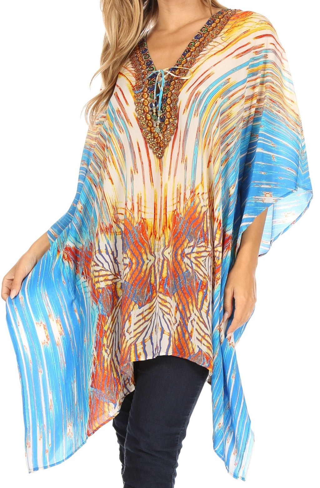 Stylish Rhinestone Lace-Up V-Neck Women's Caftan Poncho Cover-Up by Sakkas Aymee - Che Cose Belle