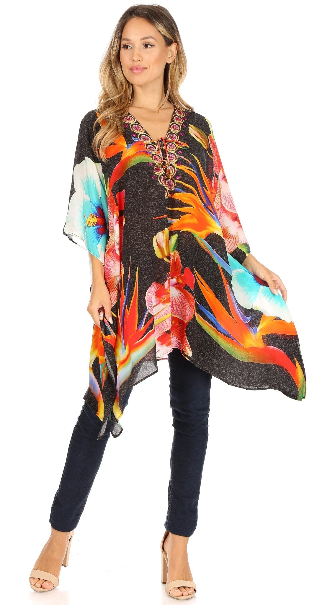 Stylish Rhinestone Lace-Up V-Neck Women's Caftan Poncho Cover-Up by Sakkas Aymee - Che Cose Belle