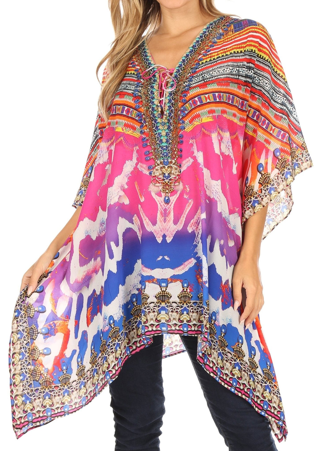 Stylish Rhinestone Lace-Up V-Neck Women's Caftan Poncho Cover-Up by Sakkas Aymee - Che Cose Belle