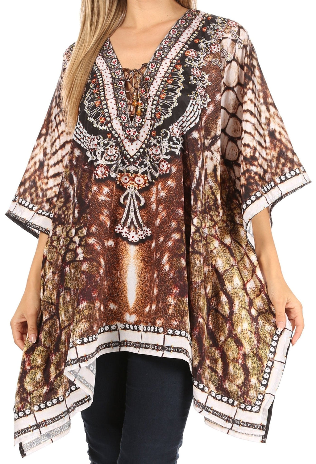 Stylish Rhinestone Lace-Up V-Neck Women's Caftan Poncho Cover-Up by Sakkas Aymee - Che Cose Belle
