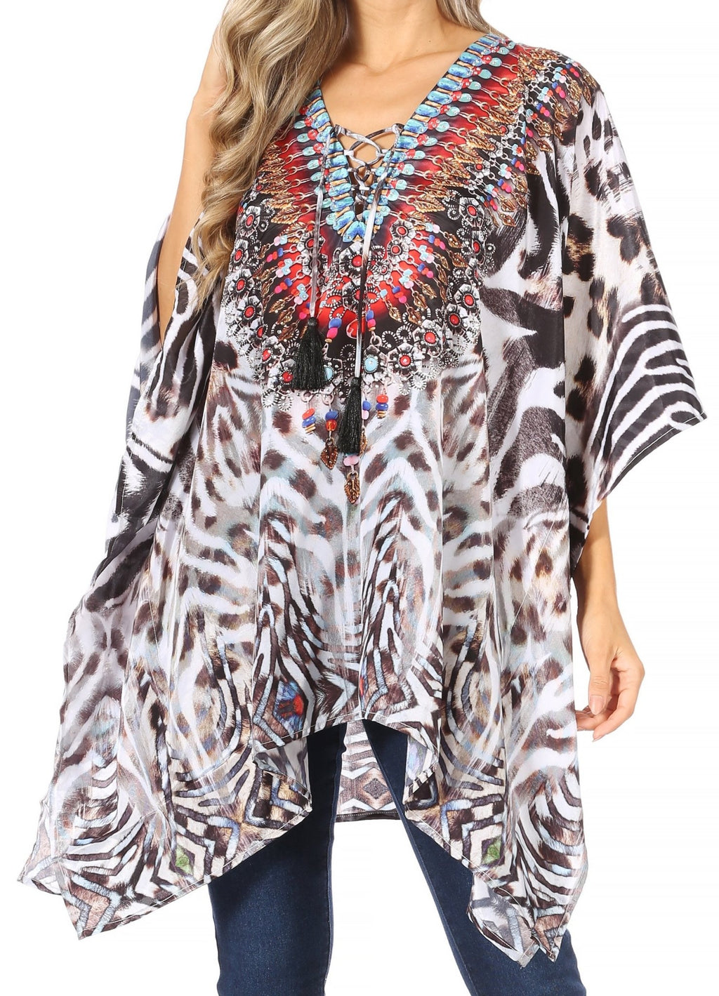 Stylish Rhinestone Lace-Up V-Neck Women's Caftan Poncho Cover-Up by Sakkas Aymee - Che Cose Belle