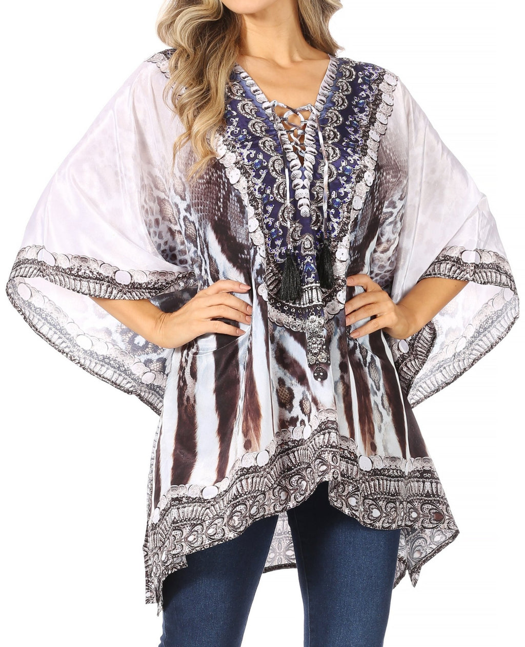 Stylish Rhinestone Lace-Up V-Neck Women's Caftan Poncho Cover-Up by Sakkas Aymee - Che Cose Belle