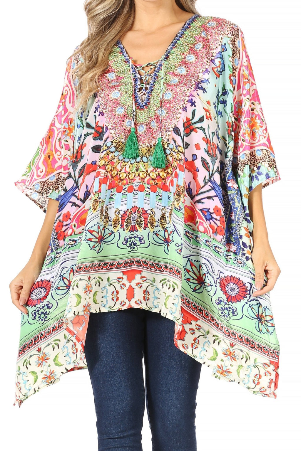 Stylish Rhinestone Lace-Up V-Neck Women's Caftan Poncho Cover-Up by Sakkas Aymee - Che Cose Belle