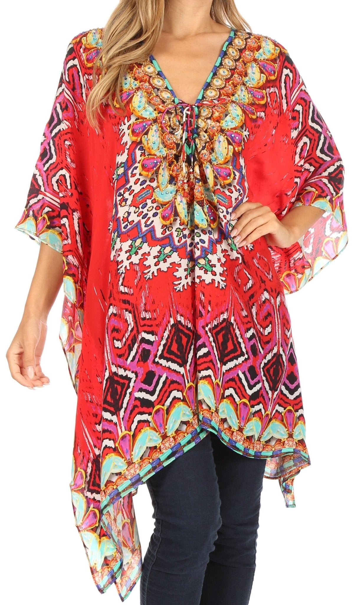 Stylish Rhinestone Lace-Up V-Neck Women's Caftan Poncho Cover-Up by Sakkas Aymee - Che Cose Belle