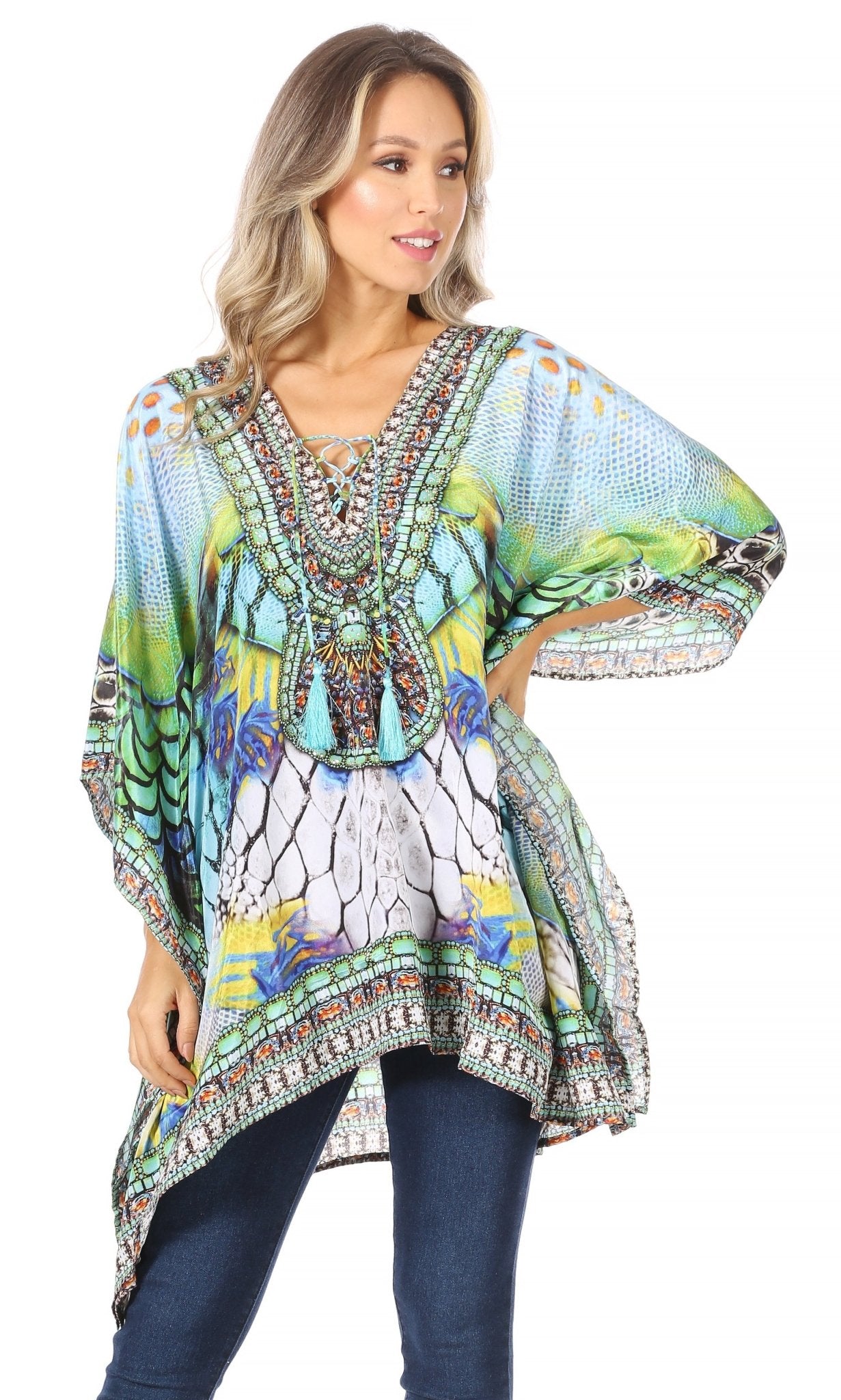 Stylish Rhinestone Lace-Up V-Neck Women's Caftan Poncho Cover-Up by Sakkas Aymee - Che Cose Belle