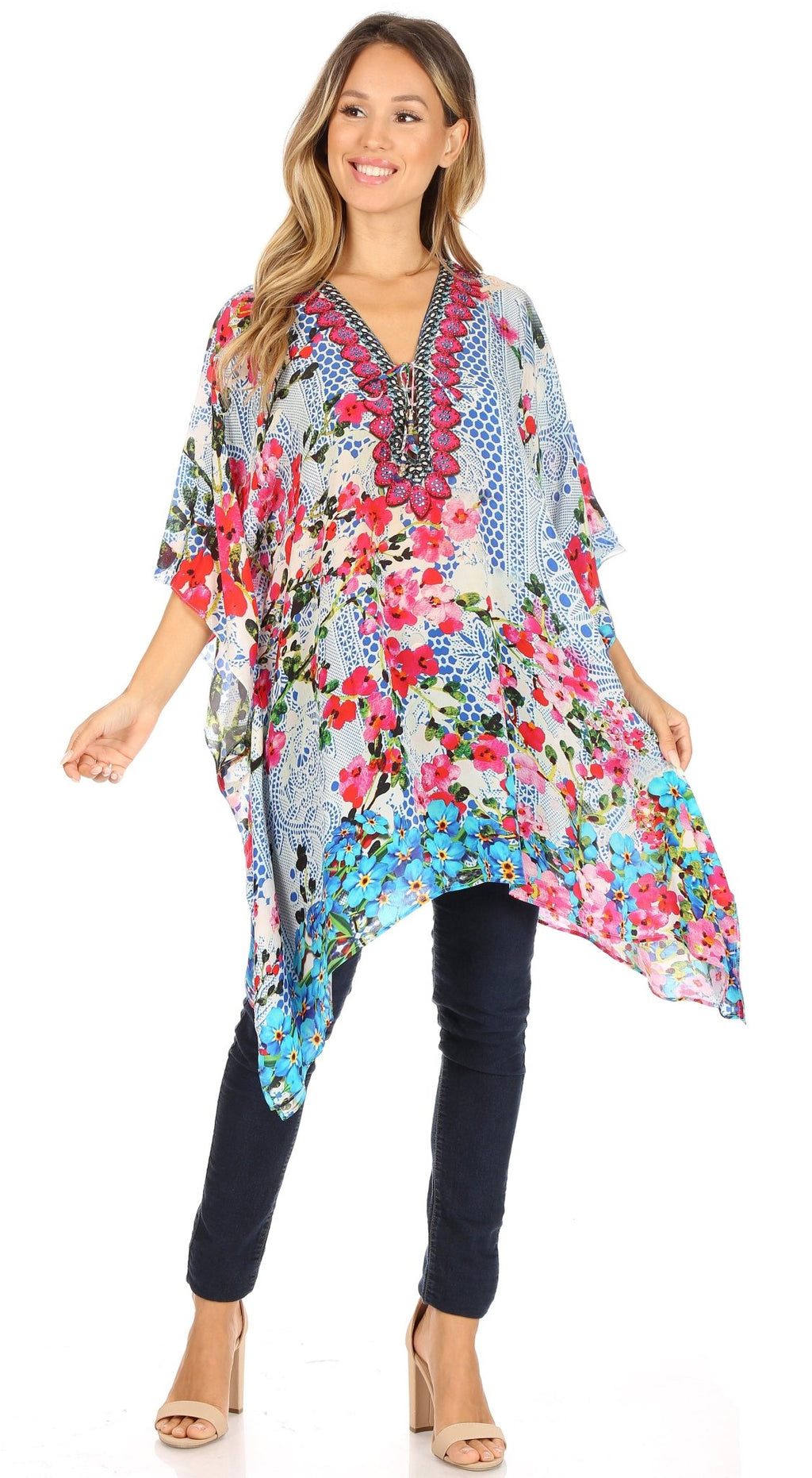 Stylish Rhinestone Lace-Up V-Neck Women's Caftan Poncho Cover-Up by Sakkas Aymee - Che Cose Belle