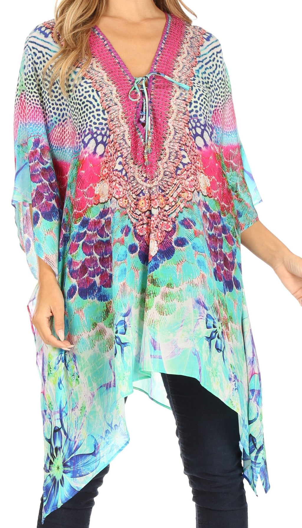 Stylish Rhinestone Lace-Up V-Neck Women's Caftan Poncho Cover-Up by Sakkas Aymee - Che Cose Belle