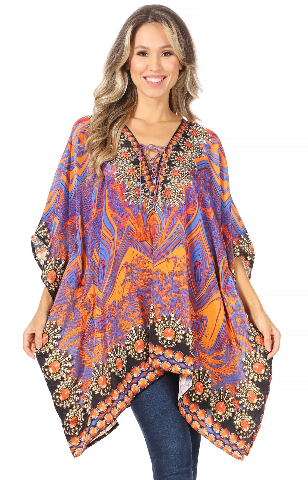 Stylish Rhinestone Lace-Up V-Neck Women's Caftan Poncho Cover-Up by Sakkas Aymee - Che Cose Belle