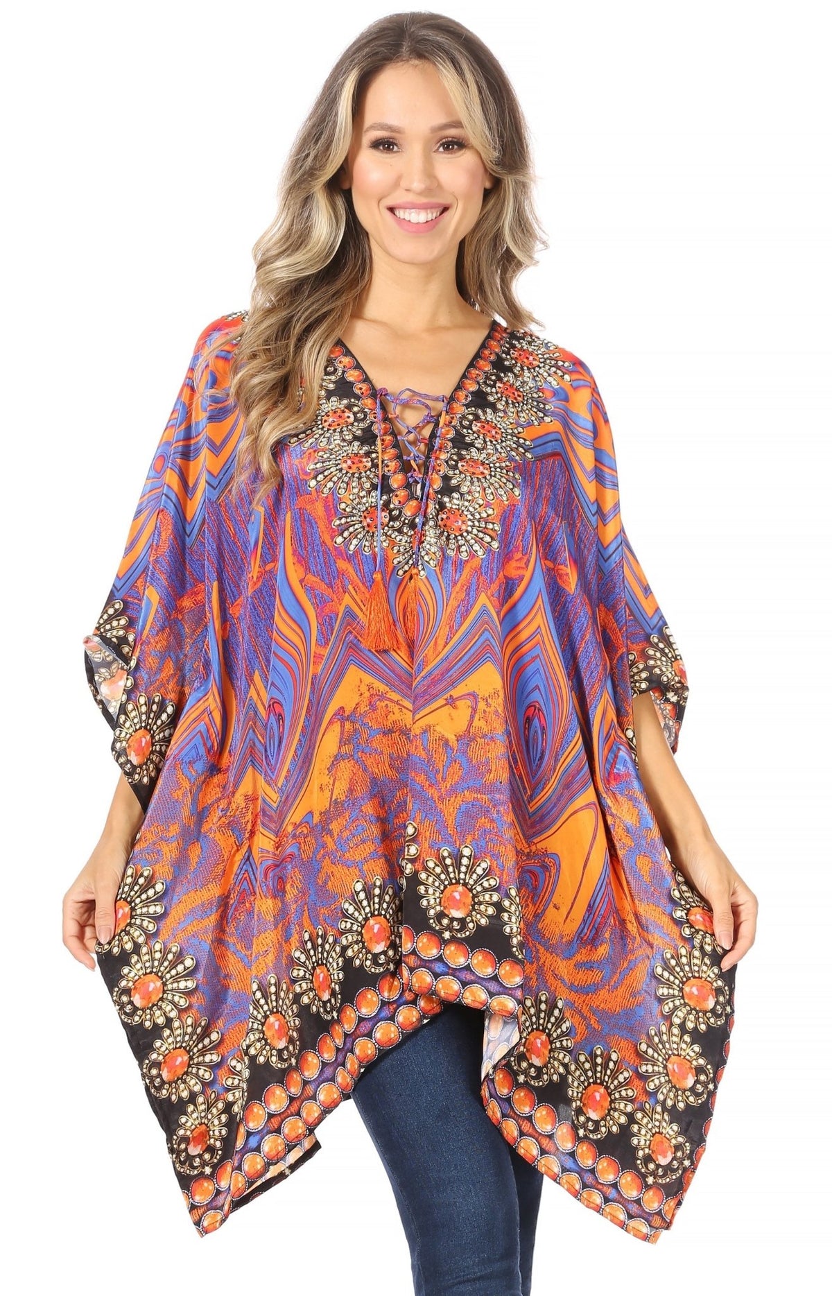 Stylish Rhinestone Lace-Up V-Neck Women's Caftan Poncho Cover-Up by Sakkas Aymee - Che Cose Belle