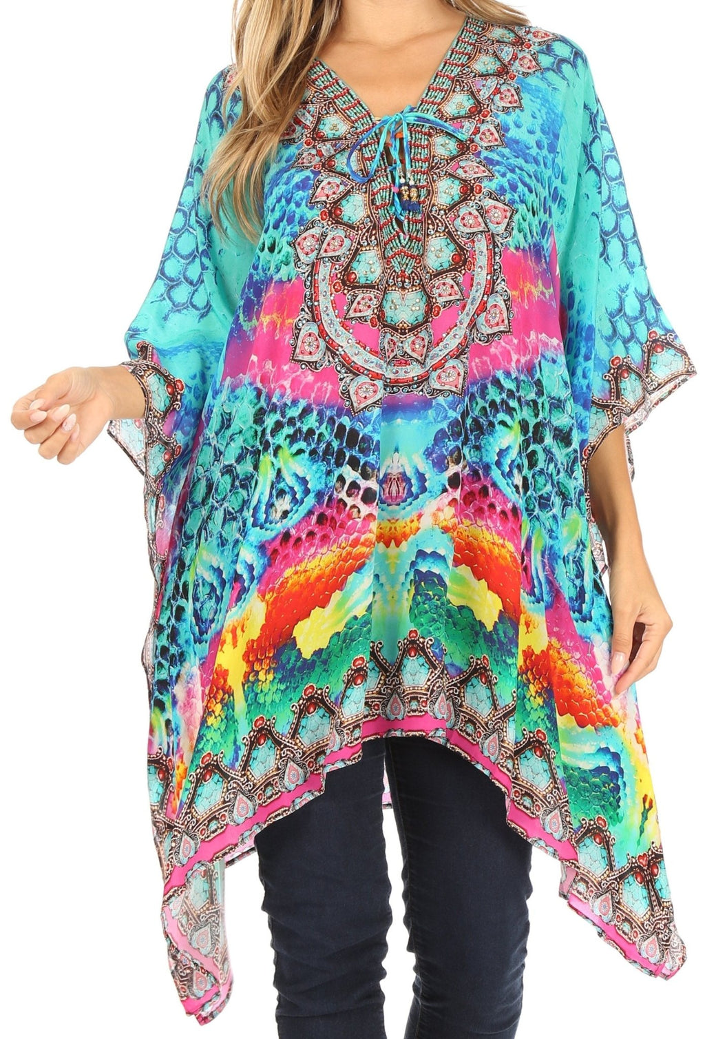 Stylish Rhinestone Lace-Up V-Neck Women's Caftan Poncho Cover-Up by Sakkas Aymee - Che Cose Belle