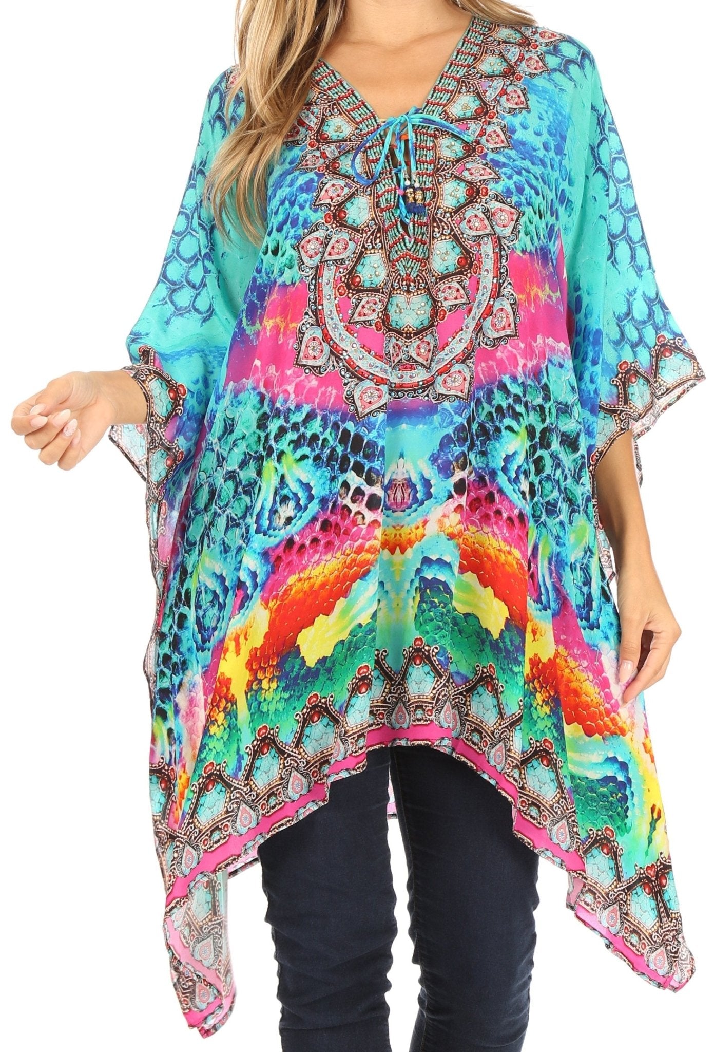 Stylish Rhinestone Lace-Up V-Neck Women's Caftan Poncho Cover-Up by Sakkas Aymee - Che Cose Belle
