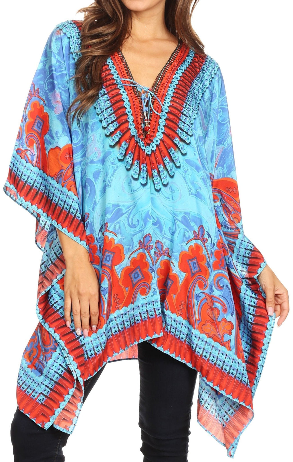 Stylish Rhinestone Lace-Up V-Neck Women's Caftan Poncho Cover-Up by Sakkas Aymee - Che Cose Belle
