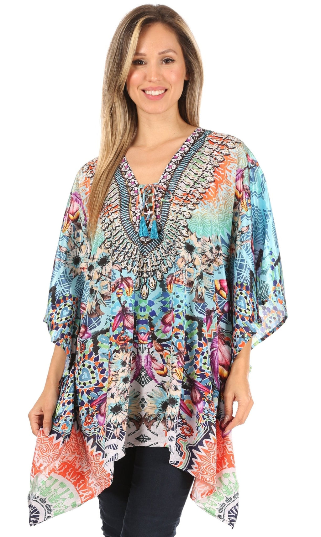 Stylish Rhinestone Lace-Up V-Neck Women's Caftan Poncho Cover-Up by Sakkas Aymee - Che Cose Belle