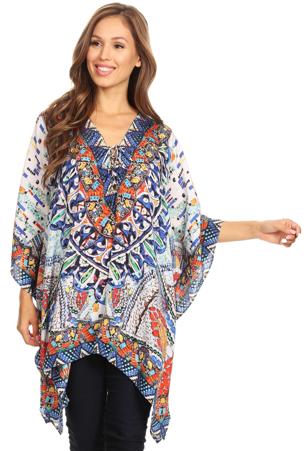 Stylish Rhinestone Lace-Up V-Neck Women's Caftan Poncho Cover-Up by Sakkas Aymee - Che Cose Belle
