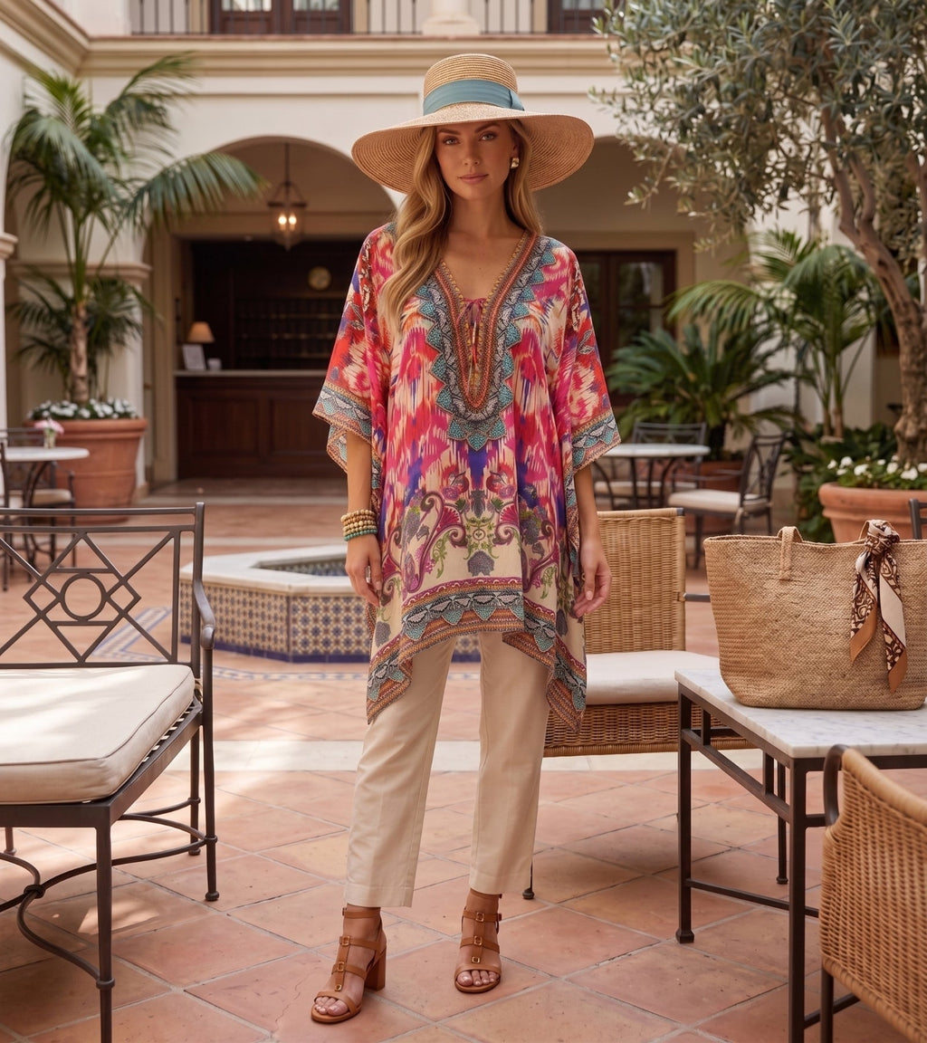 Stylish Rhinestone Lace-Up V-Neck Women's Caftan Poncho Cover-Up by Sakkas Aymee - Che Cose Belle