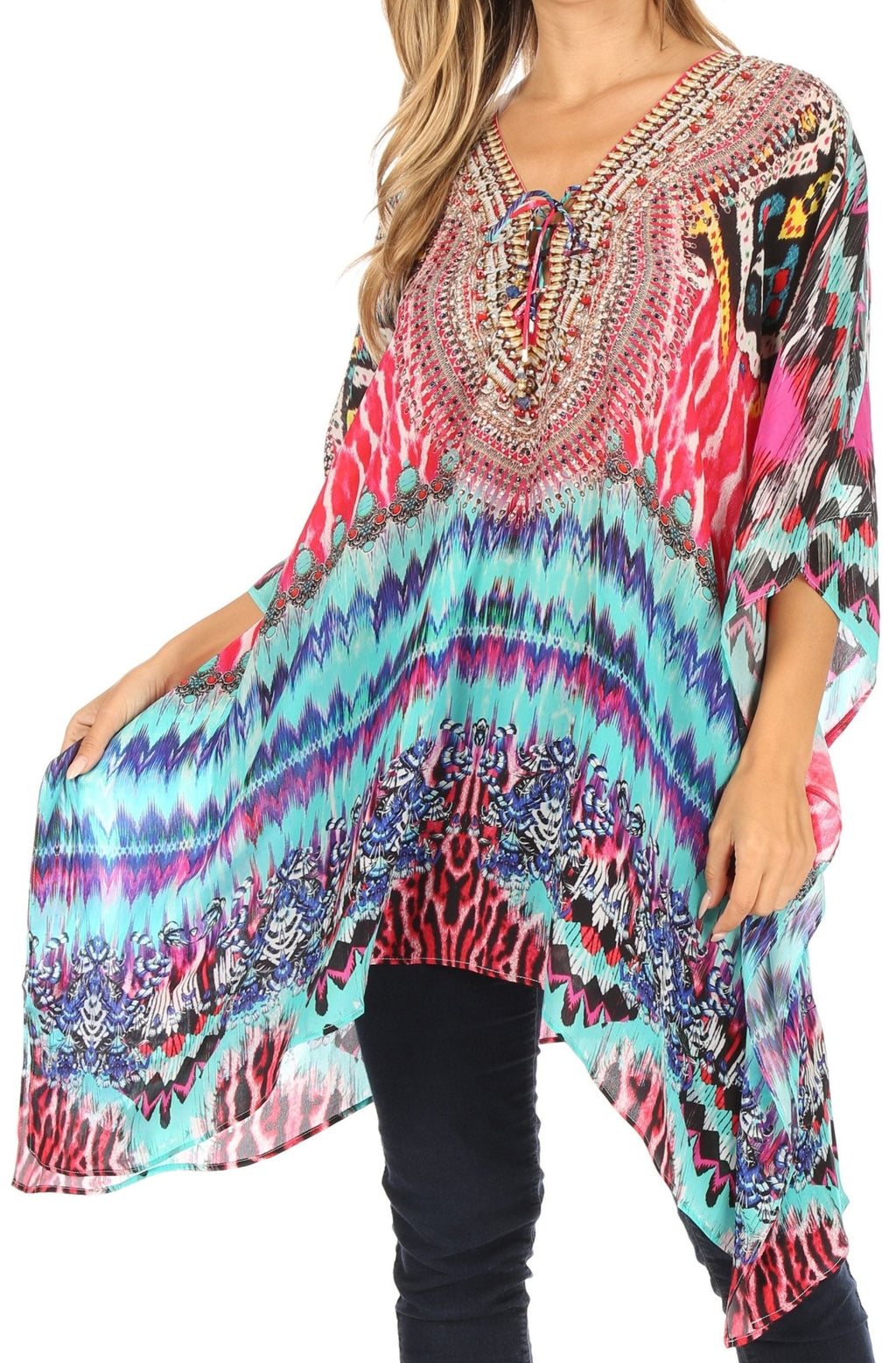 Stylish Rhinestone Lace-Up V-Neck Women's Caftan Poncho Cover-Up by Sakkas Aymee - Che Cose Belle
