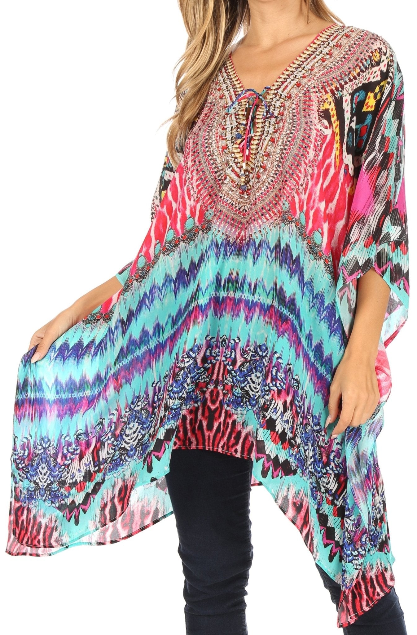 Stylish Rhinestone Lace-Up V-Neck Women's Caftan Poncho Cover-Up by Sakkas Aymee - Che Cose Belle
