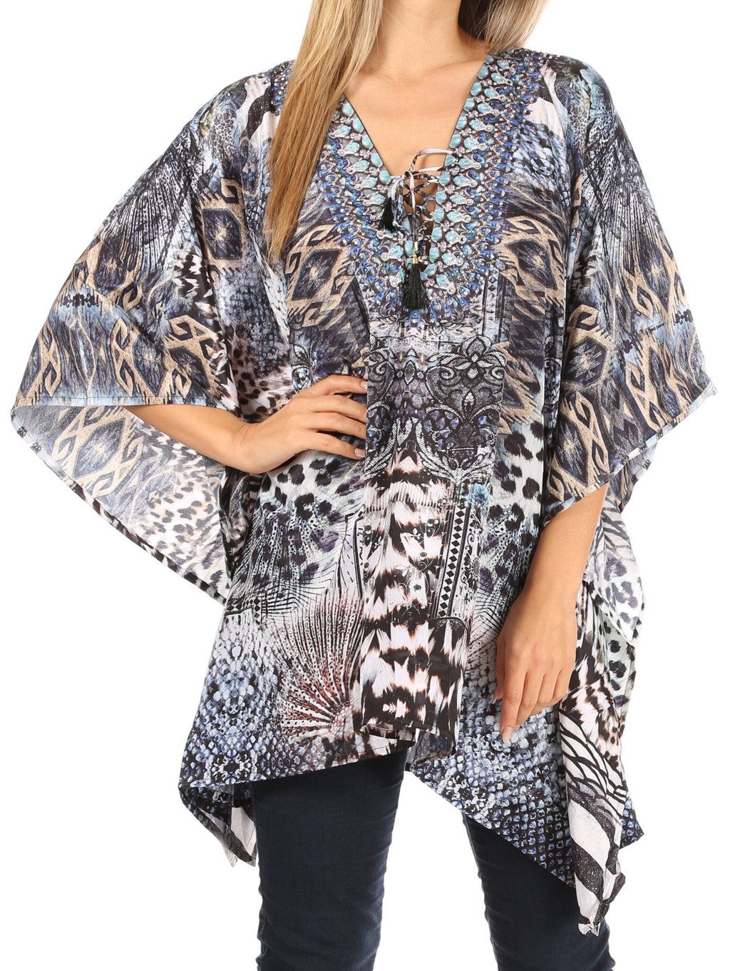 Stylish Rhinestone Lace-Up V-Neck Women's Caftan Poncho Cover-Up by Sakkas Aymee - Che Cose Belle