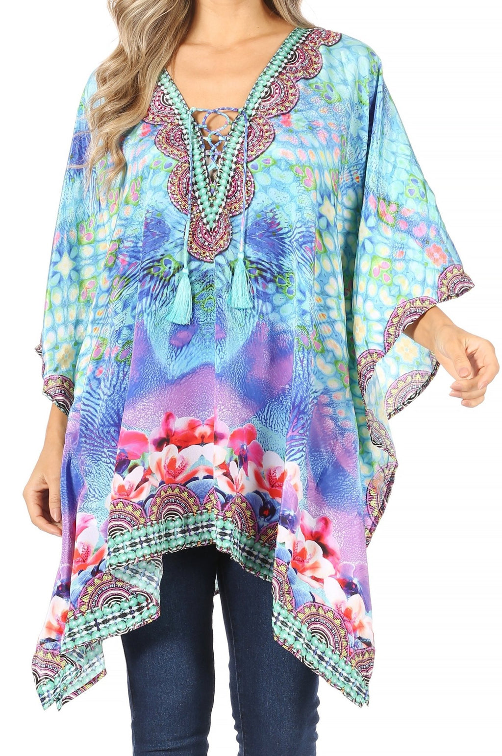 Stylish Rhinestone Lace-Up V-Neck Women's Caftan Poncho Cover-Up by Sakkas Aymee - Che Cose Belle