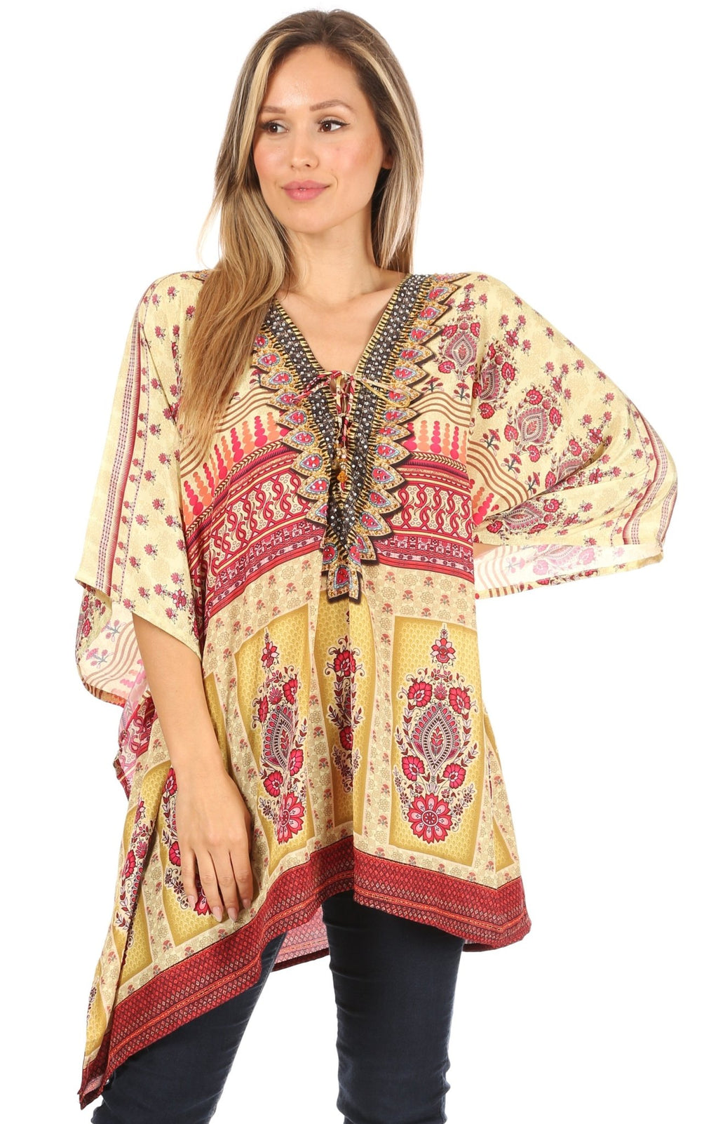 Stylish Rhinestone Lace-Up V-Neck Women's Caftan Poncho Cover-Up by Sakkas Aymee - Che Cose Belle