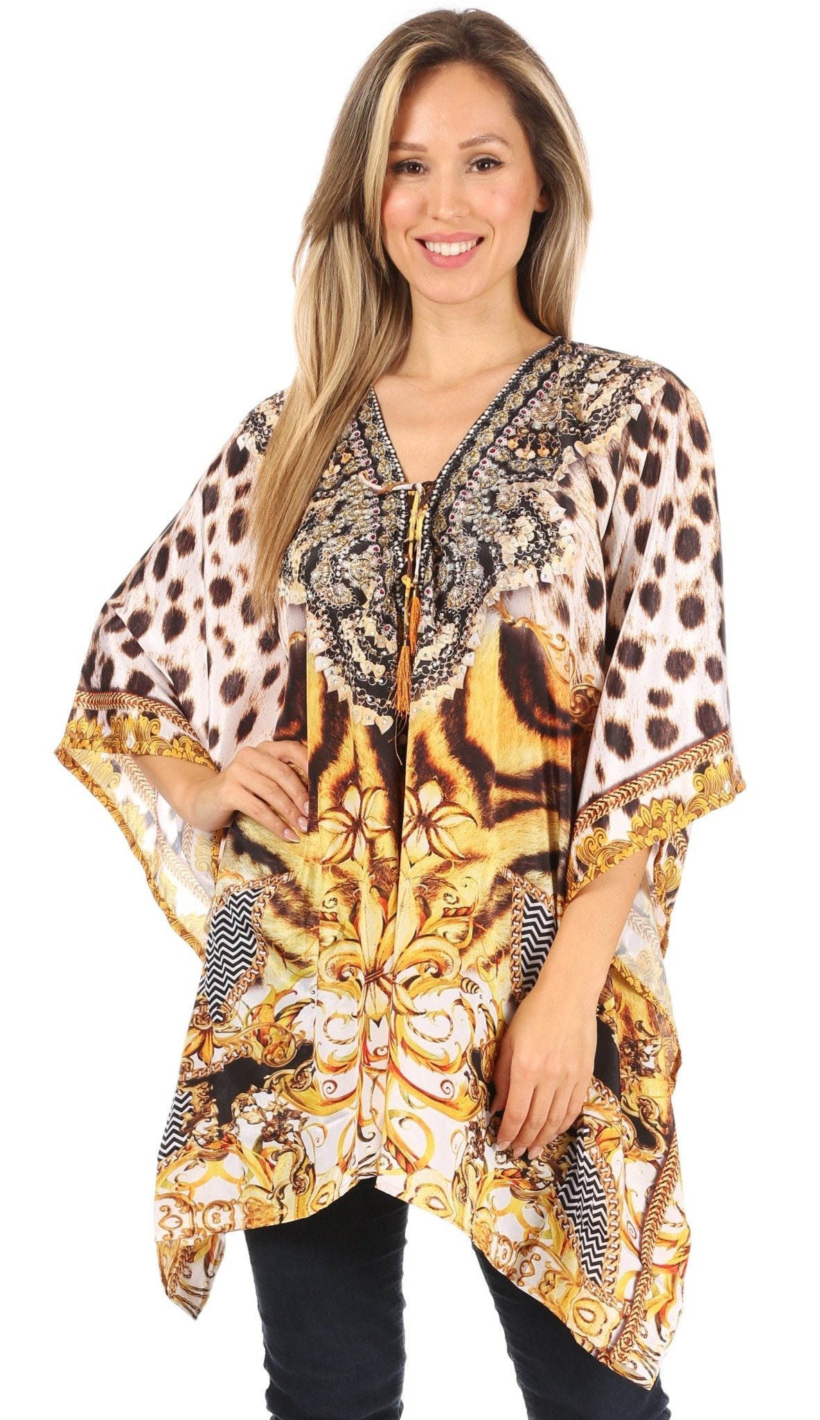 Stylish Rhinestone Lace-Up V-Neck Women's Caftan Poncho Cover-Up by Sakkas Aymee - Che Cose Belle
