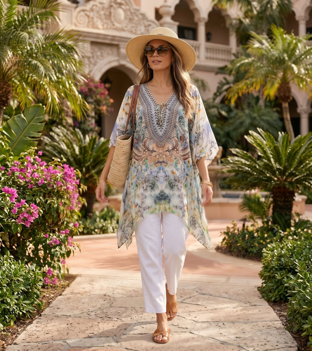 Stylish Rhinestone Lace-Up V-Neck Women's Caftan Poncho Cover-Up by Sakkas Aymee - Che Cose Belle