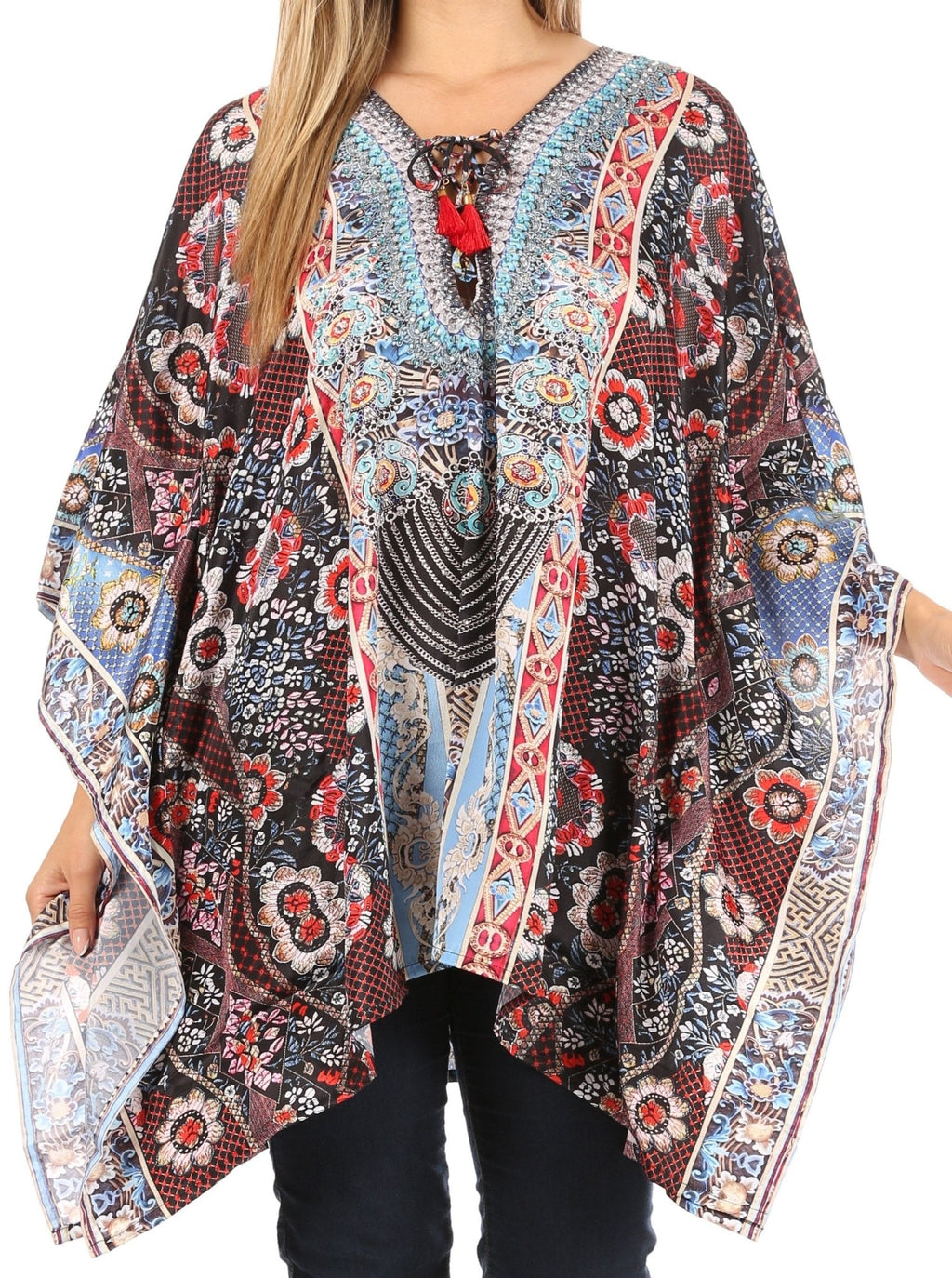 Stylish Rhinestone Lace-Up V-Neck Women's Caftan Poncho Cover-Up by Sakkas Aymee - Che Cose Belle
