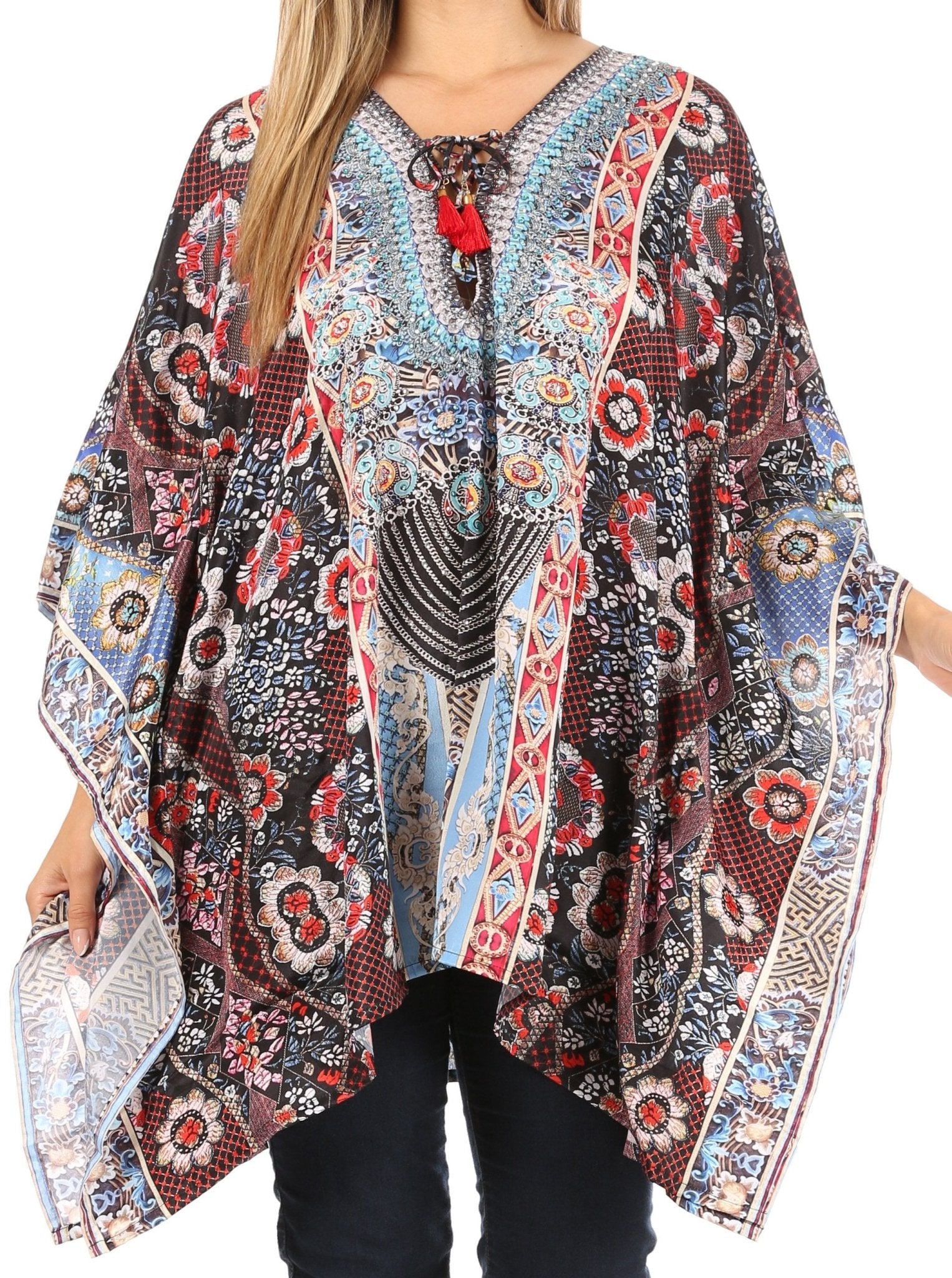 Stylish Rhinestone Lace-Up V-Neck Women's Caftan Poncho Cover-Up by Sakkas Aymee - Che Cose Belle