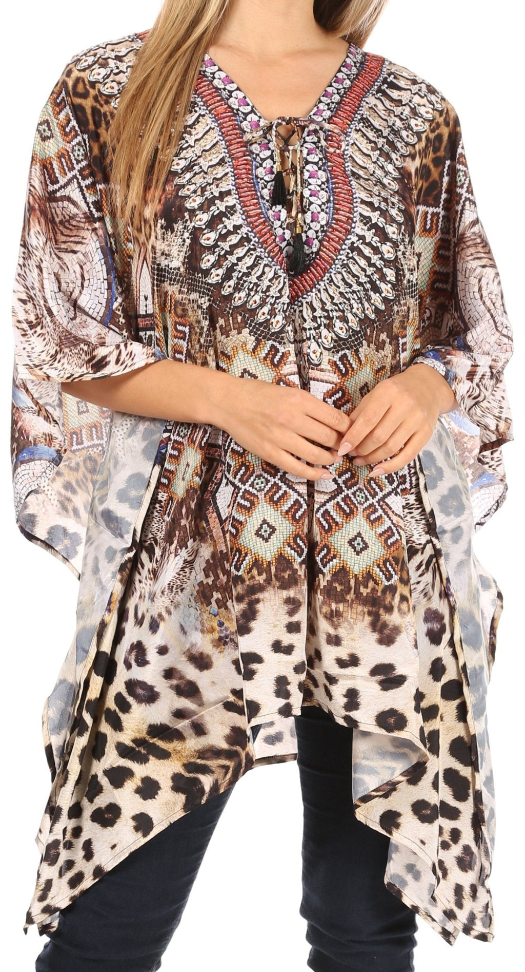 Stylish Rhinestone Lace-Up V-Neck Women's Caftan Poncho Cover-Up by Sakkas Aymee - Che Cose Belle
