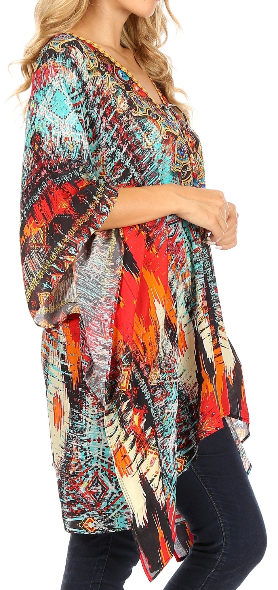 Stylish Rhinestone Lace-Up V-Neck Women's Caftan Poncho Cover-Up by Sakkas Aymee - Che Cose Belle