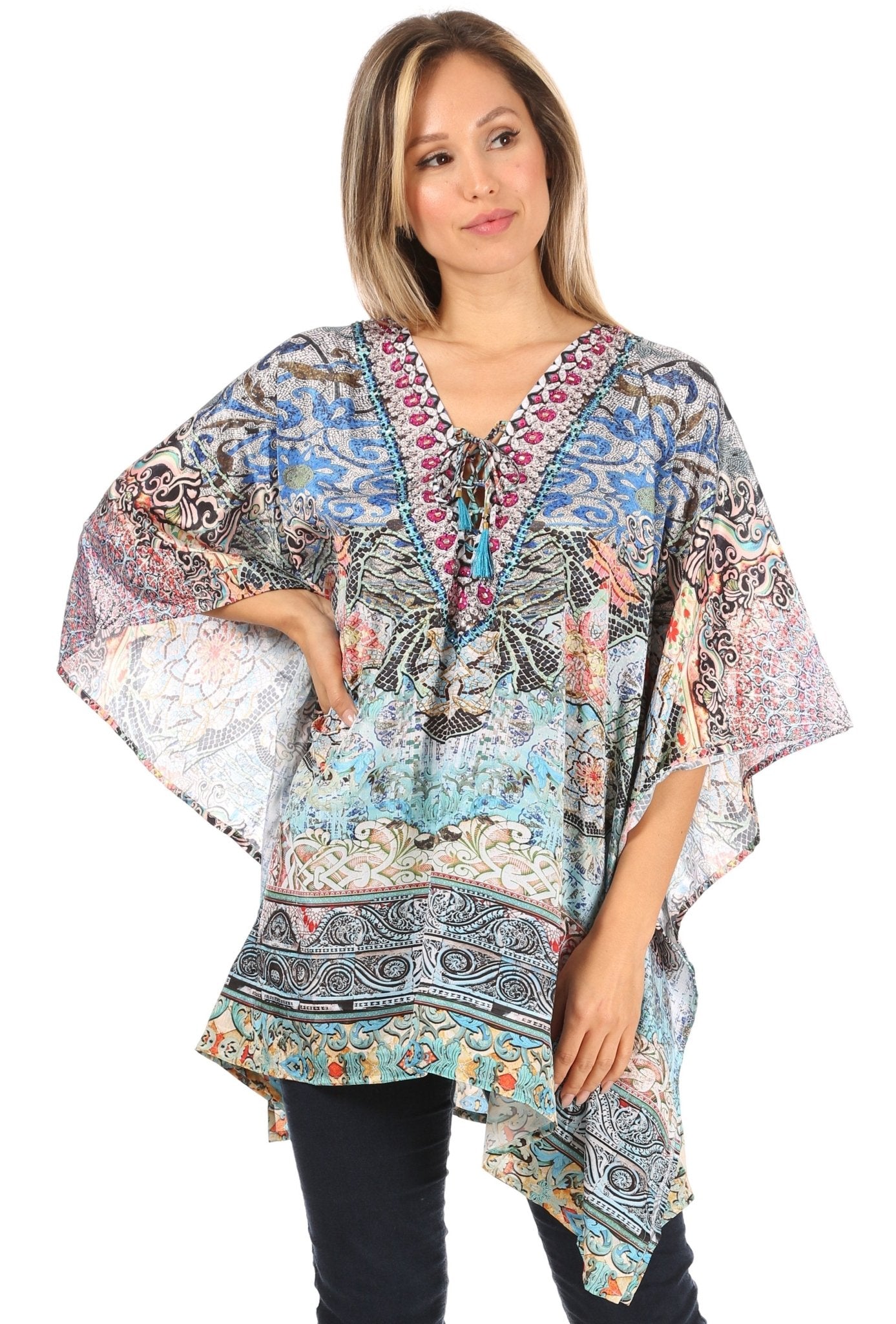 Stylish Rhinestone Lace-Up V-Neck Women's Caftan Poncho Cover-Up by Sakkas Aymee - Che Cose Belle