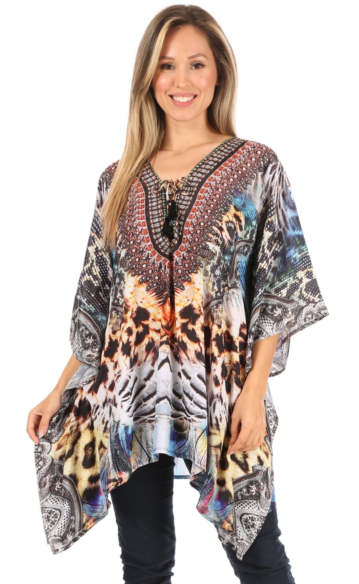 Stylish Rhinestone Lace-Up V-Neck Women's Caftan Poncho Cover-Up by Sakkas Aymee - Che Cose Belle