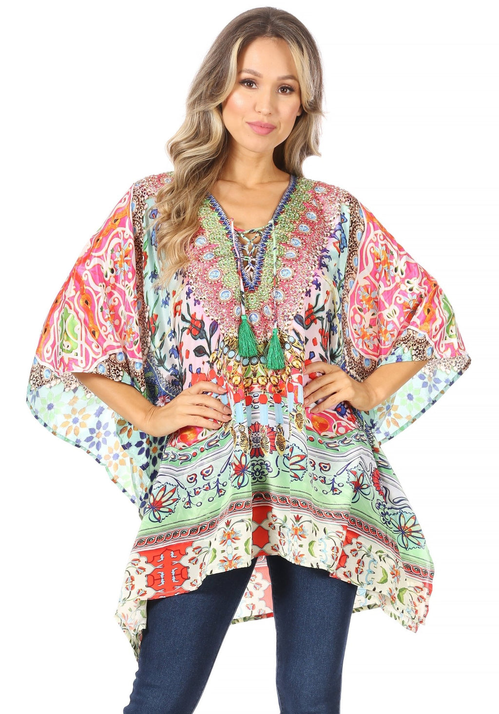 Stylish Rhinestone Lace-Up V-Neck Women's Caftan Poncho Cover-Up by Sakkas Aymee - Che Cose Belle