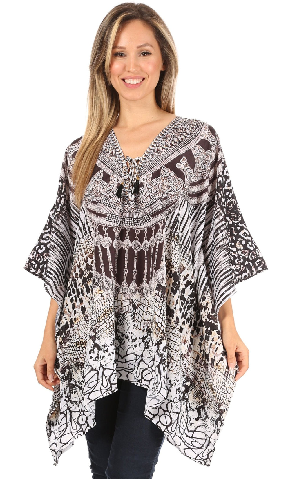 Stylish Rhinestone Lace-Up V-Neck Women's Caftan Poncho Cover-Up by Sakkas Aymee - Che Cose Belle