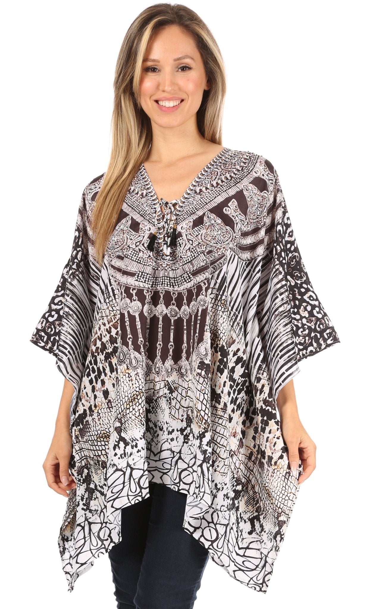 Stylish Rhinestone Lace-Up V-Neck Women's Caftan Poncho Cover-Up by Sakkas Aymee - Che Cose Belle