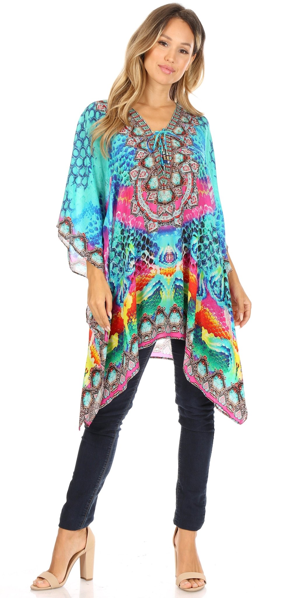 Stylish Rhinestone Lace-Up V-Neck Women's Caftan Poncho Cover-Up by Sakkas Aymee - Che Cose Belle
