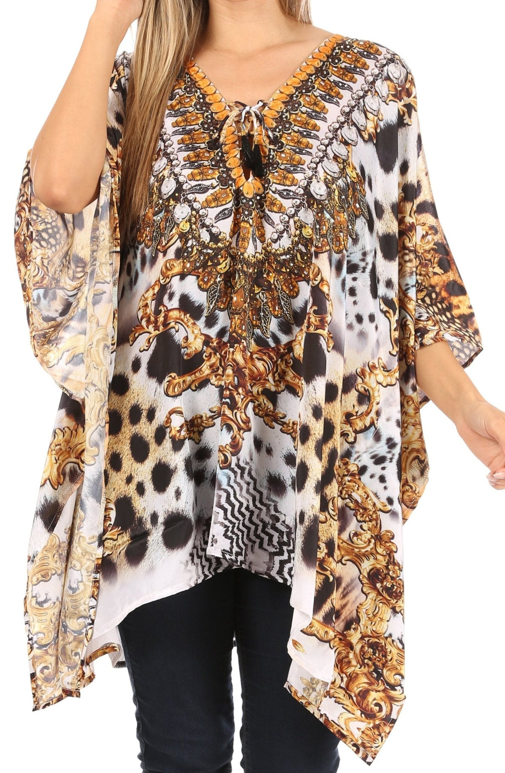 Stylish Rhinestone Lace-Up V-Neck Women's Caftan Poncho Cover-Up by Sakkas Aymee - Che Cose Belle