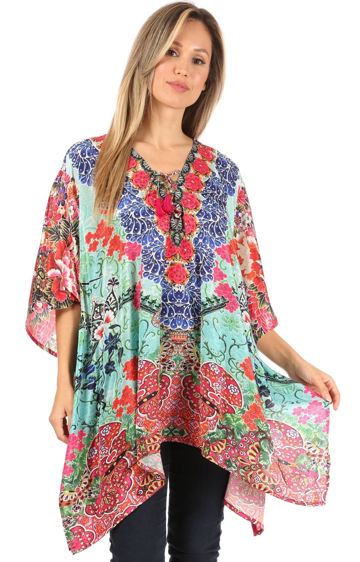 Stylish Rhinestone Lace-Up V-Neck Women's Caftan Poncho Cover-Up by Sakkas Aymee - Che Cose Belle